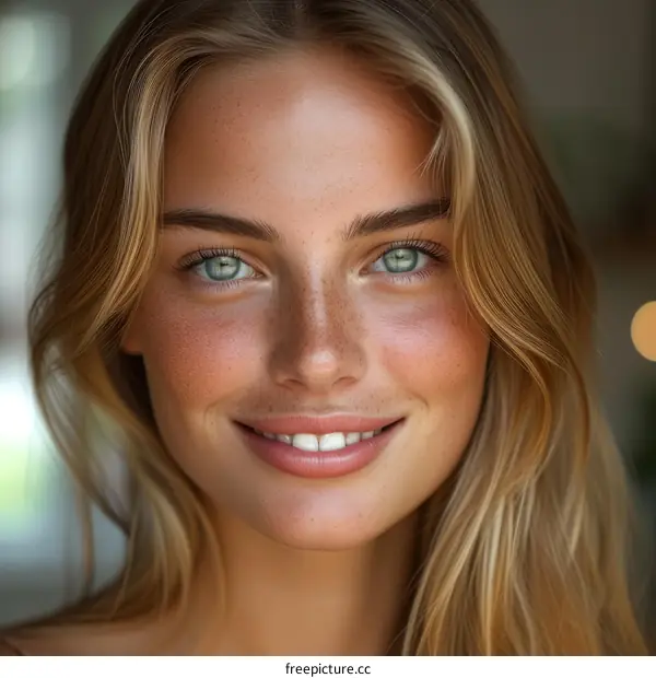 Close-up portrait of a beautiful blonde woman smiling