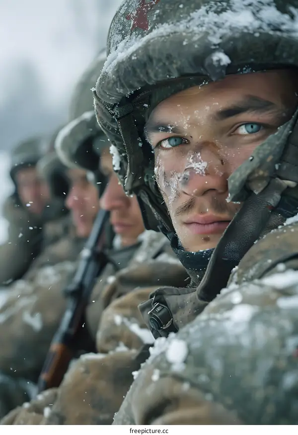 Close Up Portrait of a Soldier in a Snowy Winter Landscape