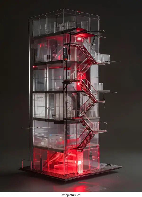 Glass Building Model with Red Lights