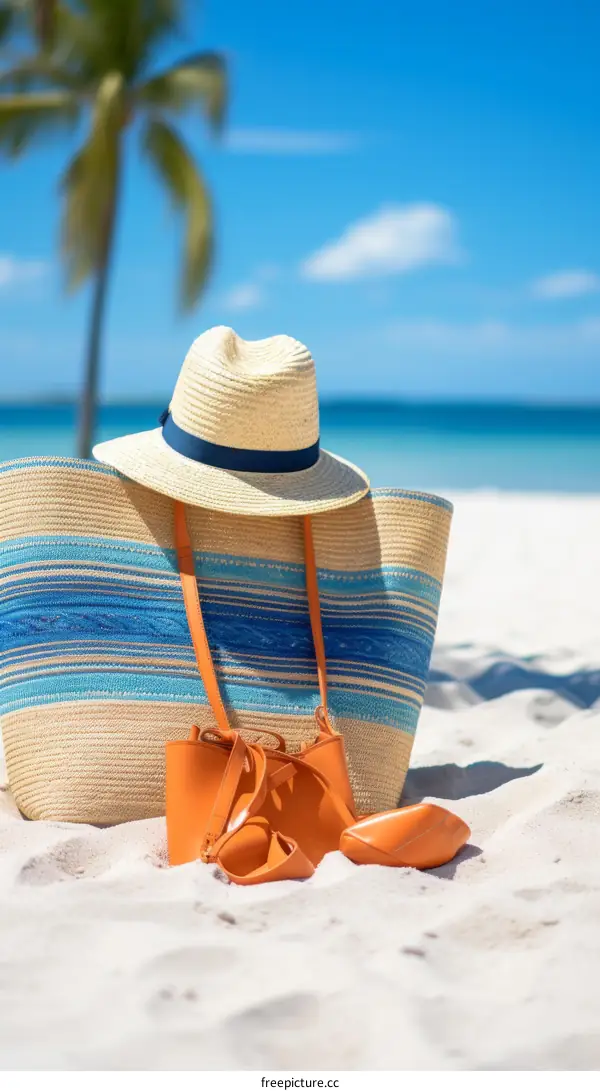 Beach vacation essentials: straw hat, beach bag, and sandals