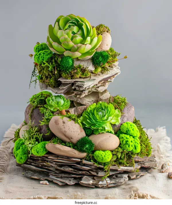 Green Succulents And Moss On Rocks And Stone