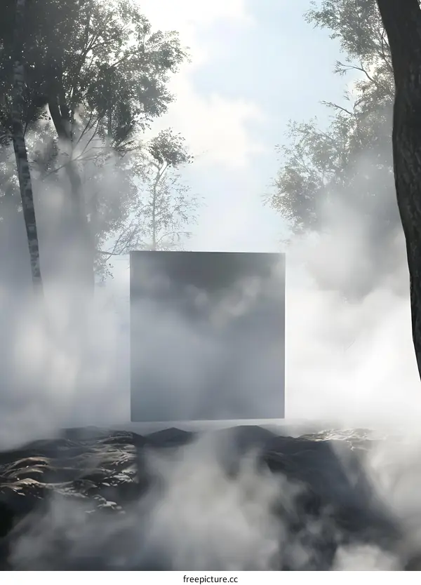 Black Monolith in a Foggy Forest