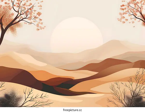 Mountain Landscape Illustration with Sunset and Bare Trees
