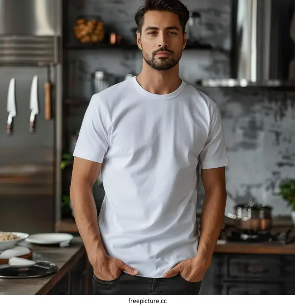 Handsome young man standing in the kitchen with hands in pockets