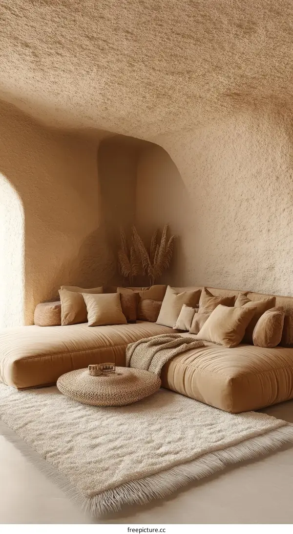 Beige Sectional Sofa in Cave-like Living Room