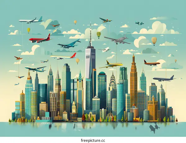 New York City Skyline Illustration with Airplanes