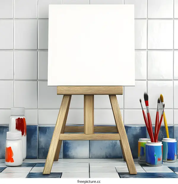 Empty Canvas on Easel with Paint Brushes and Paint