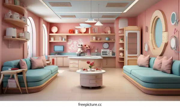 An illustration of a living room with a kitchen