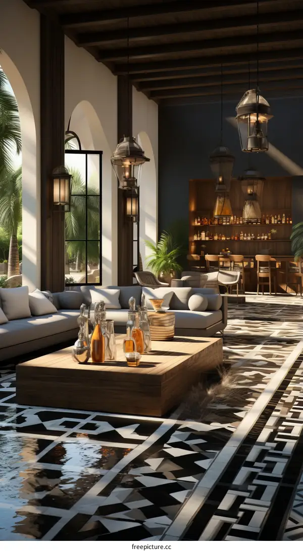 Modern luxury living room interior design with swimming pool