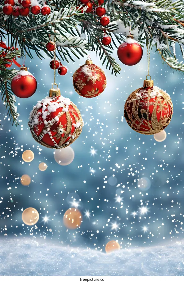 Christmas ornaments hanging on a snowy tree branch