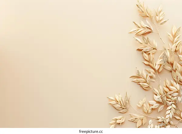 Golden Leaves on Beige Background Minimalist Flat Lay