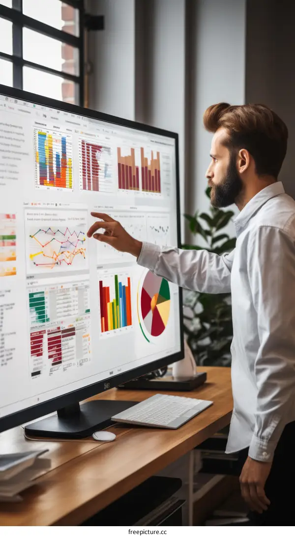 Businessman analyzing data on a large interactive display