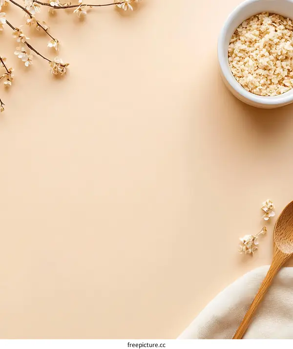 Minimalist Flat Lay with Dried Flowers, Wooden Spoon, and Bowl of Granola