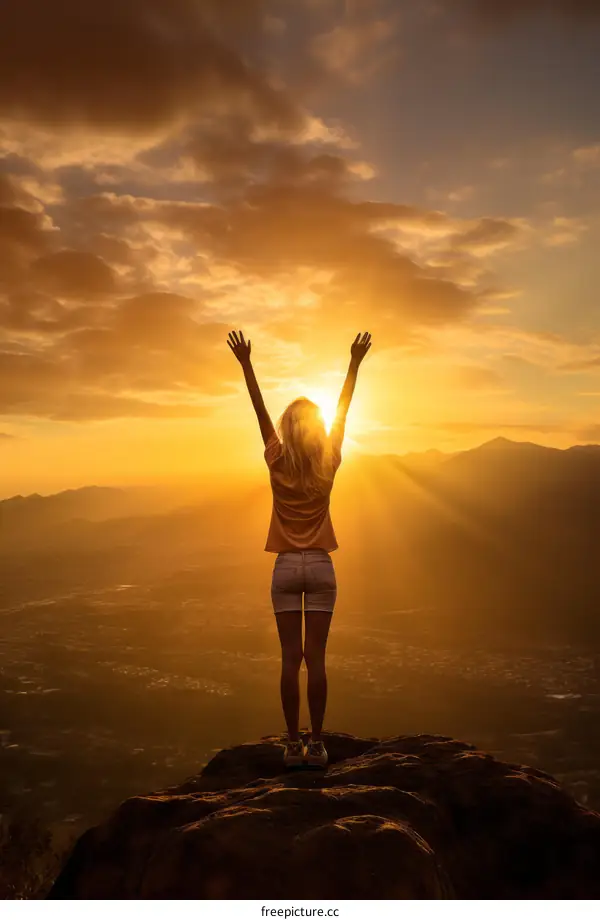 Young woman standing on a mountaintop with her arms raised in the air as the sun sets behind her