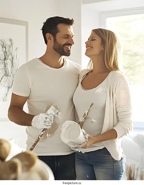 Happy Couple Painting Their New Home Together