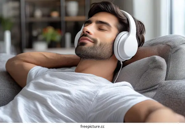 Relaxed Man Listening to Music on Headphones at Home