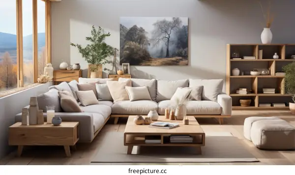Comfortable Living Room with Sectional Sofa, Bookshelf, Plants