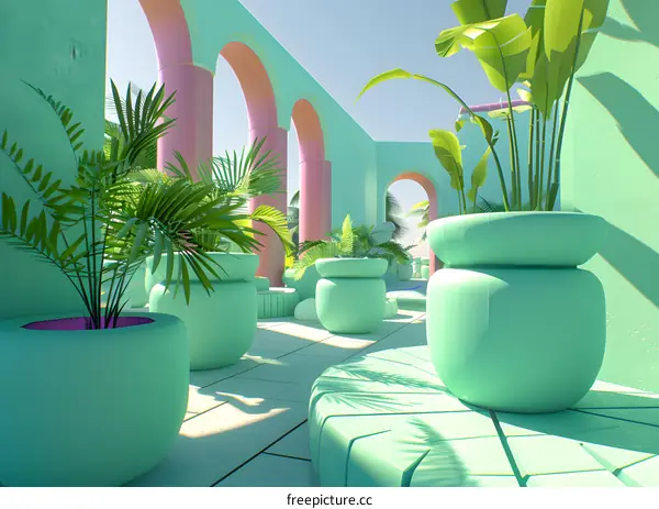 Tropical Garden with Colorful Arches and Green Plants