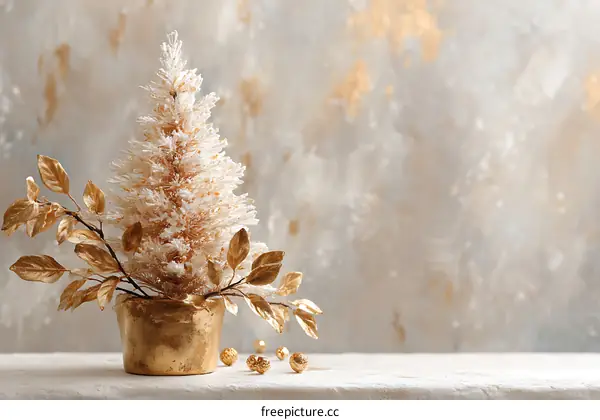 Golden Christmas Tree Decoration on a Light Beige Background