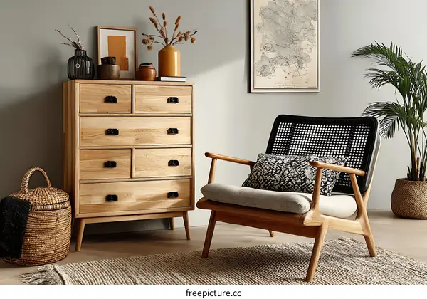 Modern Wooden Chest of Drawers and Armchair Set in a Cozy Room