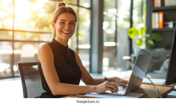 Smiling businesswoman working on laptop in modern office
