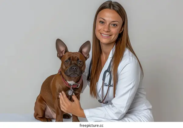 A veterinarian with a French bulldog