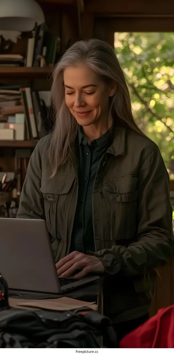 Woman Working on Laptop in Cabin Setting