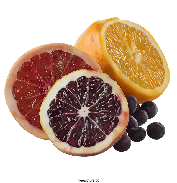 [Transparent Background PNG]Freshly Cut Citrus Fruit and Blueberries on White Background