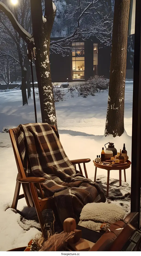 Cozy Winter Scene with Chair and Blanket in Snowy Backyard