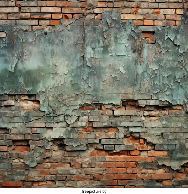weathered brick wall with peeling green paint