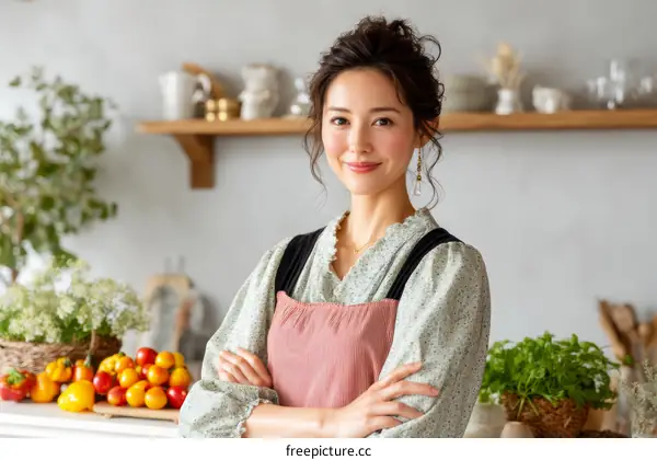 Asian woman in a kitchen apron smiling