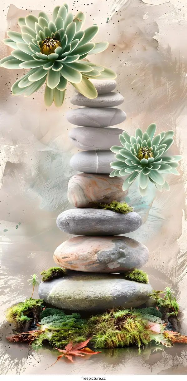 Zen Garden Stones with Green Flowers