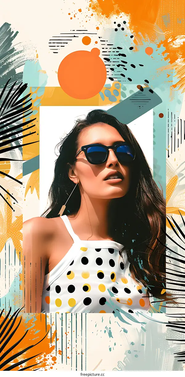 Woman with Sunglasses and Polka Dot Shirt in Abstract Summer Style