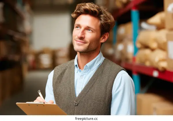 Warehouse Worker Taking Notes on Clipboard