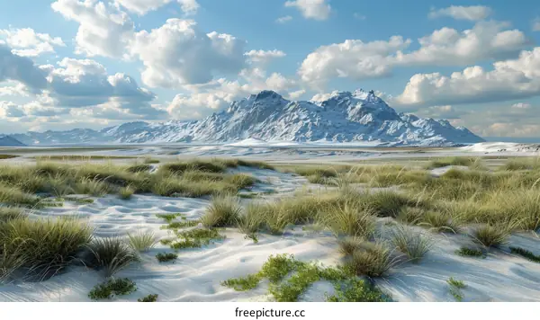 A vast, icy desert with distant mountains