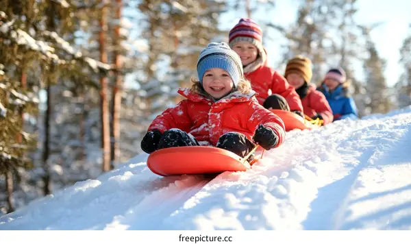 Children sledding on a snowy hill in winter