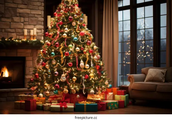 A beautifully decorated Christmas tree stands in a living room. There are presents under the tree and a couch to the right of the tree.