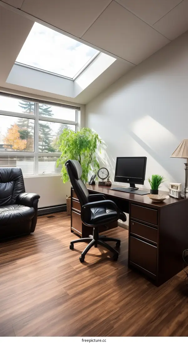 An office with a large window, a skylight, and a leather chair