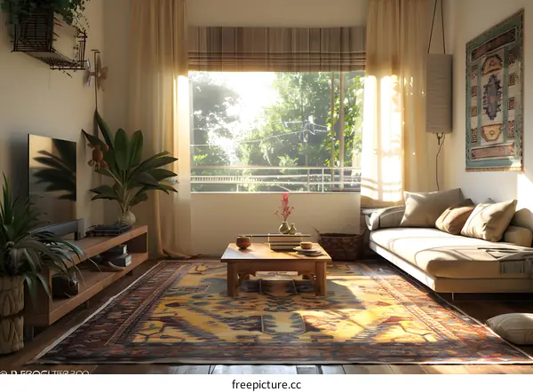 A bright living room with a large window, plants, and a sofa