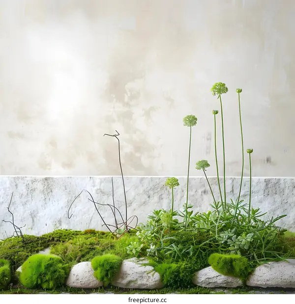 Green Moss and Plants on Stone Wall