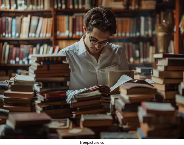 Young male student reading a book in a library surrounded by stacks of books