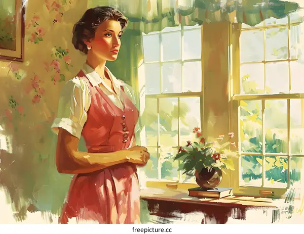 Woman in Pink Dress by the Window