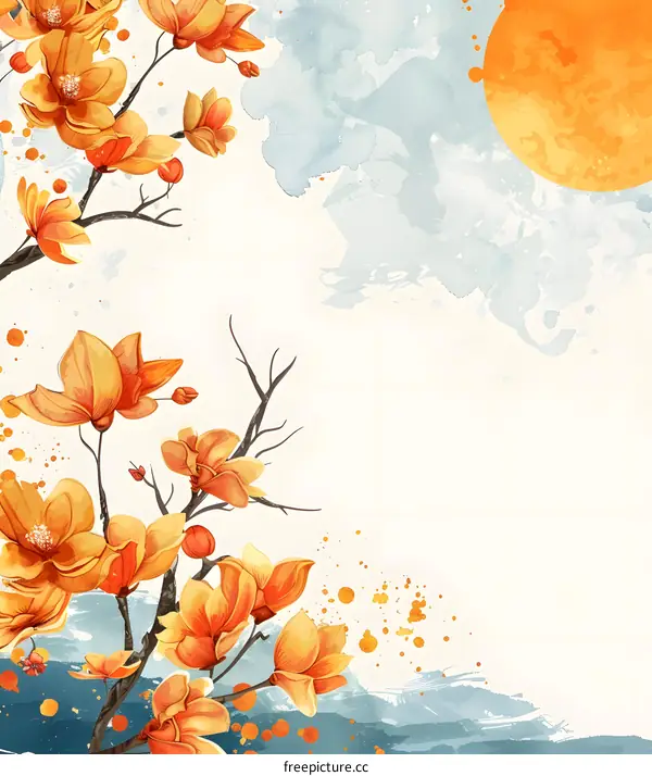 Watercolor Painting of Orange Flowers and Sun