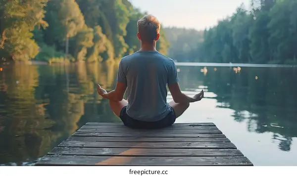Young man practicing yoga on a dock at sunset