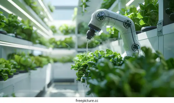 Robot watering plants in a greenhouse