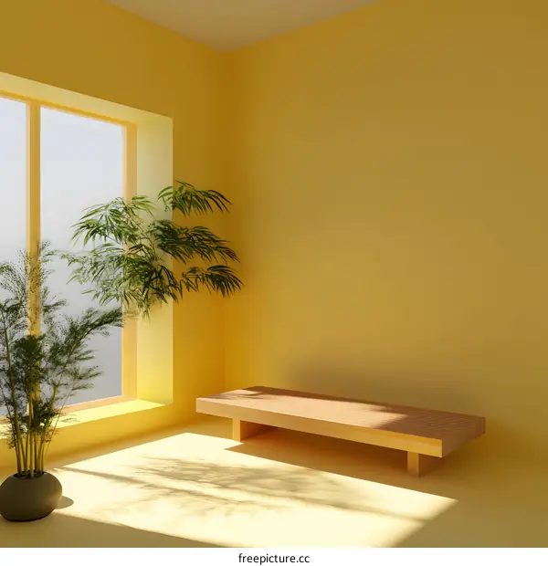 Minimalist Yellow Room with Wooden Bench and Plants