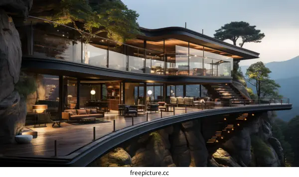 Modern house with large glass windows and a terrace with a view of the mountains