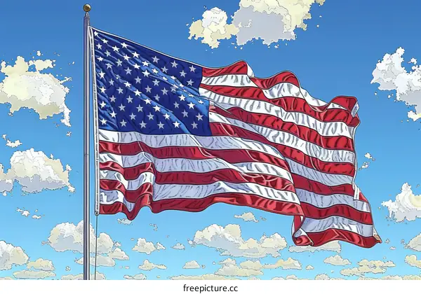Waving American flag against a blue sky with clouds