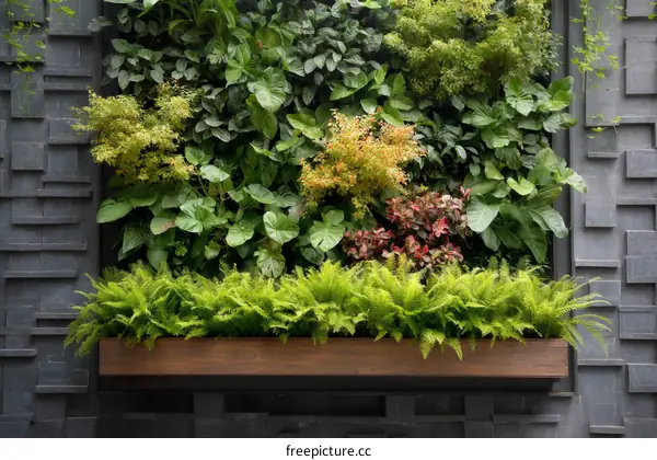 Vertical Garden Wall Design with Plants and Wood Planter