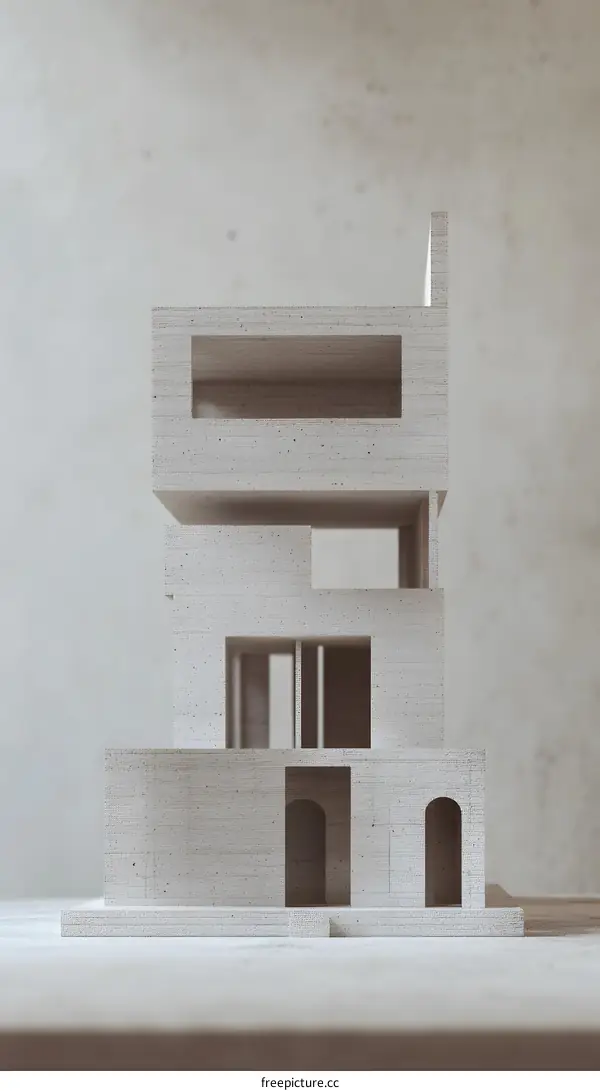 Minimalist Concrete Building Model on White Background